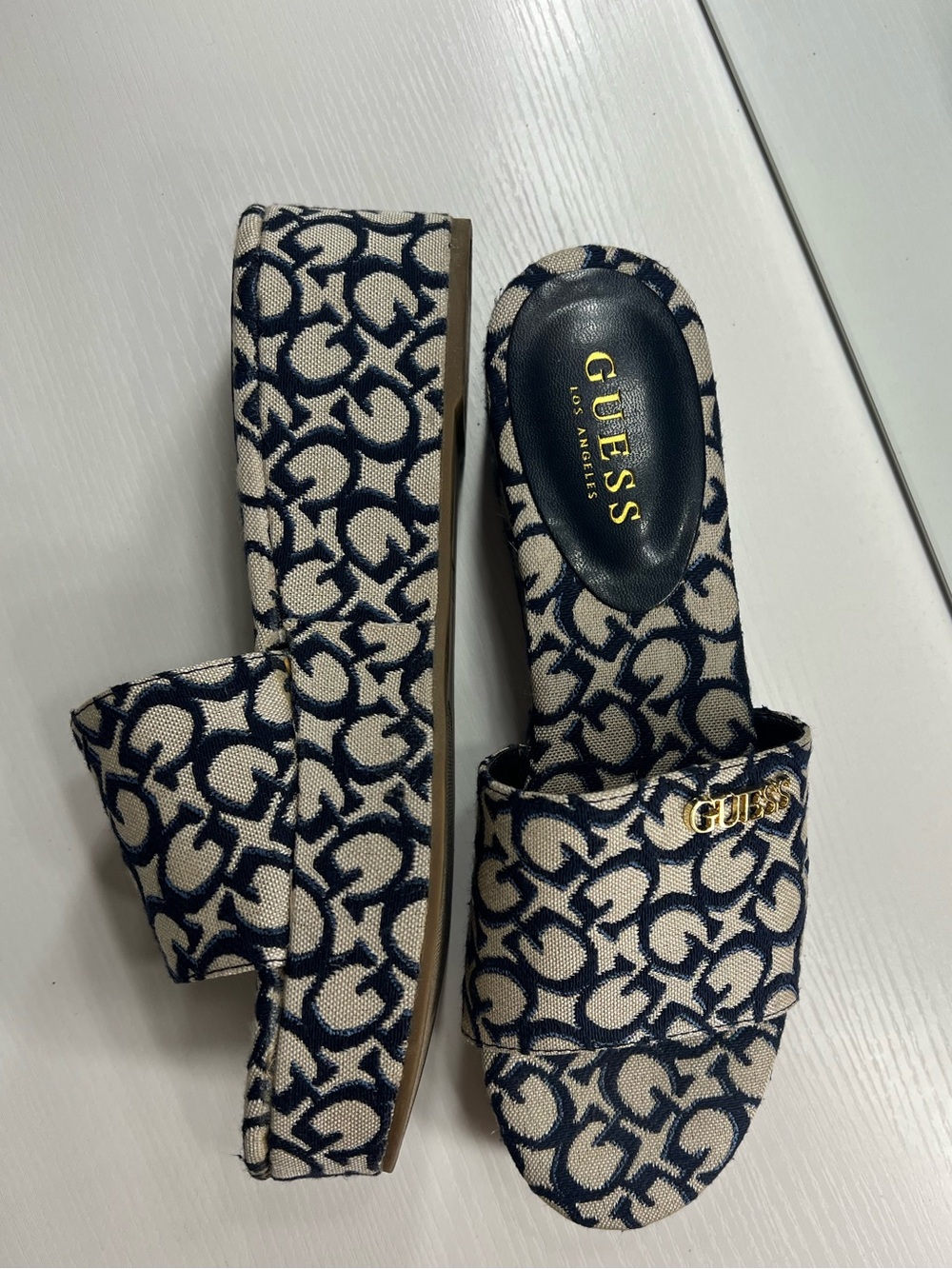 GUESS Navy & Cream Patterned Slide Mules